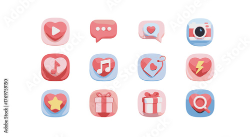 A vibrant collection of 3D rendered social media icons, featuring playful hearts, music notes, chat bubbles, a camera, gifts, a star, and a search magnifying glass, all rendered in a soft pink and