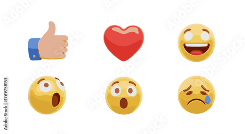 Collection of six 3D rendered emojis and icons, including a thumbs-up gesture, a red heart, a laughing face, a surprised face, another surprised face with wide eyes, and a crying face with a tear