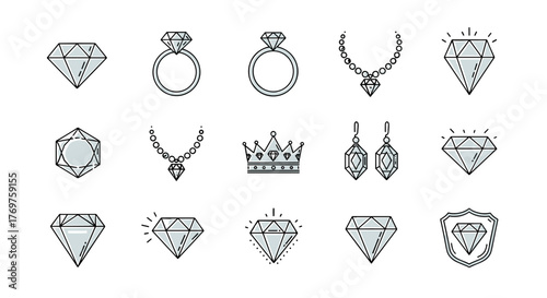 Collection of sparkling diamond icons and jewelry symbols, including rings, necklaces, earrings, and crowns, presented in a clean, modern, flat design style with a white outline against a black