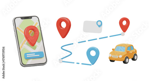 3D illustration of a navigation app on a smartphone showing a route with pins and a car, symbolizing travel planning, location tracking, and transportation services, perfect for technology and
