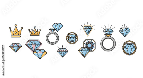 Collection of sparkling diamonds, elegant crowns, and engagement rings, presented in a vibrant, flat design style with pastel colors, perfect for luxury, jewelry, and celebration themes, isolated on