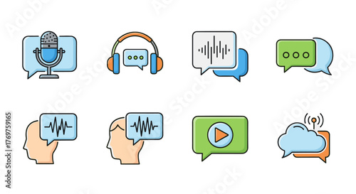 Set of 8 flat design icons representing audio and communication concepts, including a microphone, headphones, speech bubbles with sound waves, a play button, and a cloud with Wi-Fi signal, perfect
