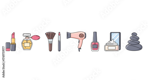 A vibrant collection of beauty and spa essentials, featuring a lipstick, perfume bottle, makeup brush, mascara, hairdryer, nail polish, face cream, and stacked spa stones, all rendered in a clean