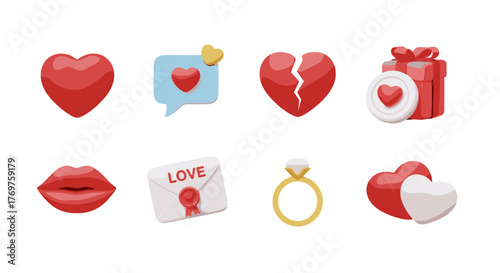 Collection of 3D Valentine's Day icons including a red heart, chat bubble with hearts, broken heart, gift box with heart, lips, love letter, engagement ring, and intertwined hearts, perfect for