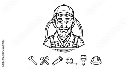 Vintage craftsman portrait with tools, a skilled handyman with a mustache and cap, surrounded by construction and DIY equipment like hammers, wrenches, saws, tape measures, paintbrushes, and hard