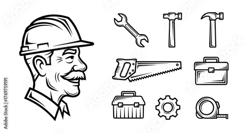 Illustrative line art of a construction worker's profile, featuring a hard hat and mustache, accompanied by a collection of essential tools including a wrench, hammer, saw, toolbox, gear, and