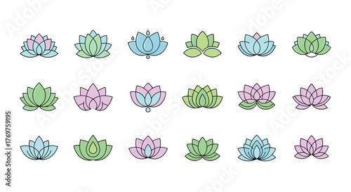 Collection of stylized lotus flower icons in pastel colors, featuring clean lines and a modern aesthetic, perfect for wellness, spa, yoga, and meditation branding, symbolizing purity, enlightenment