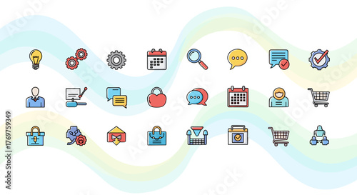 A vibrant and dynamic collection of business and technology icons, artfully arranged on a flowing, abstract background, symbolizing innovation, communication, and efficiency in the digital age.