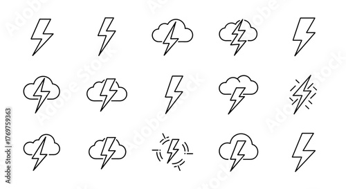 A collection of nine distinct lightning bolt icons and symbols, rendered in a clean, minimalist line art style, perfect for representing energy, power, electricity, and storms across various digital