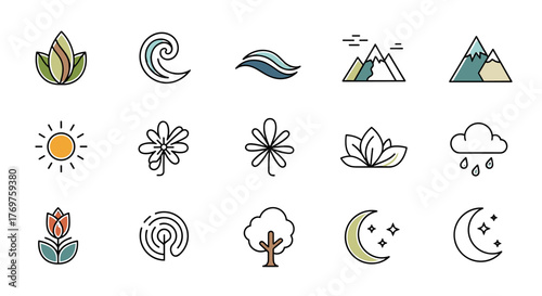 A collection of stylized, minimalist icons representing various natural elements and phenomena, including leaves, waves, mountains, sun, flowers, clouds, rain, trees, and celestial bodies like the