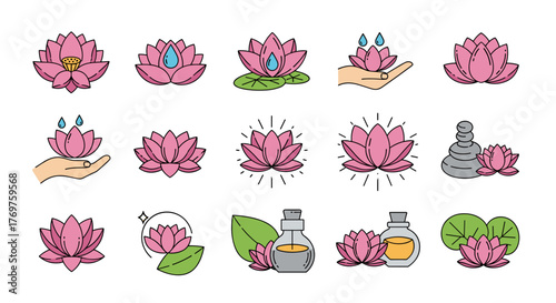 Collection of stylized pink lotus flower icons and symbols, representing purity, spirituality, and wellness, with elements like water drops, hands, stacked stones, and essential oil bottles, perfect