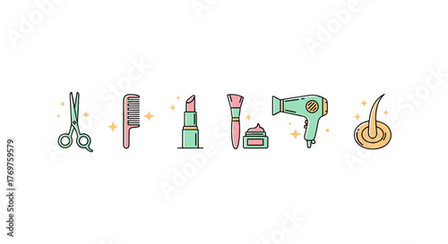 A vibrant and whimsical collection of beauty and hairstyling icons, featuring a pair of scissors, a comb, lipstick, a makeup brush, a jar of cream, a hairdryer, and a stylized strand of hair, all set