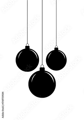 Three Hanging Black Christmas Ornaments with Strings on White Background