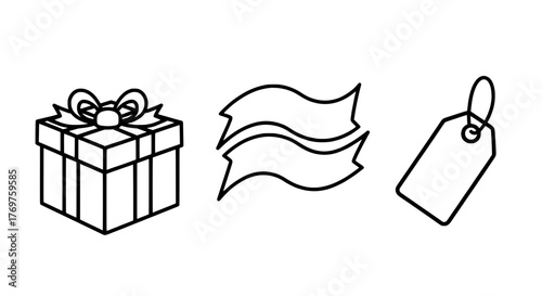 Modern Shopping Essentials Gift Box, Ribbon, Price Tag Vector Icon Set