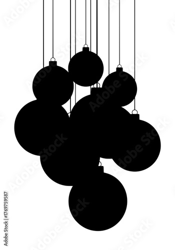 Silhouette of Christmas ornaments in black hanging against a white background