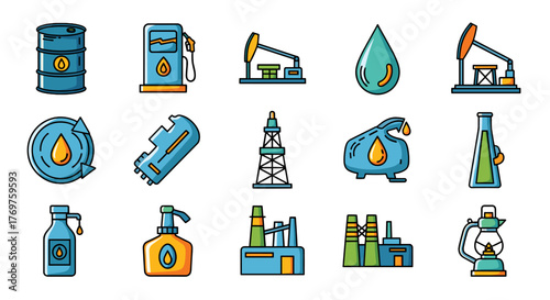 Collection of flat design icons representing the oil and gas industry, including oil barrels, gas stations, pumpjacks, oil drops, refineries, and drilling rigs, symbolizing energy production and