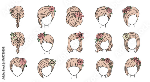 Collection of 15 diverse female hairstyles adorned with delicate flowers, showcasing braids, buns, and various cuts, perfect for beauty, fashion, and lifestyle themes, rendered in a clean, modern