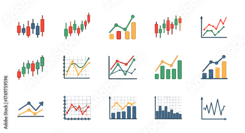 Collection of diverse financial and business charts and graphs, including candlestick charts, line graphs, and bar charts, presented in a vibrant, colorful, and modern flat design style against a