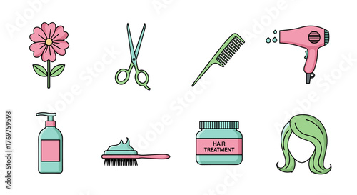 Collection of flat design icons representing hair salon and beauty care essentials, including a pink flower, scissors, comb, hairdryer, shampoo bottle, hairbrush with product, hair treatment jar, and