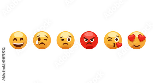 A diverse collection of six expressive emoji faces displayed horizontally against a stark black background, showcasing a range of emotions from joy and sadness to anger and love, perfect for digital