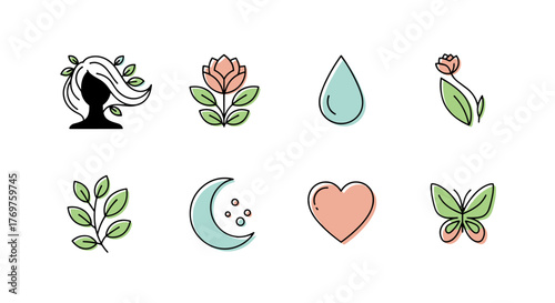 A collection of eight minimalist, hand-drawn icons featuring natural elements and symbols of beauty and wellness, including a woman's silhouette adorned with leaves, a blooming rose, a water droplet