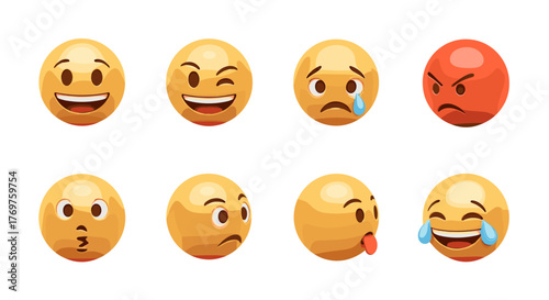Collection of eight expressive 3D emoji icons showcasing a diverse range of emotions including happiness, winking, sadness, anger, surprise, confusion, silliness, and extreme joy with tears, isolated