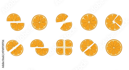 A vibrant collection of sliced oranges, showcasing various cuts and arrangements on a stark black background, perfect for illustrating freshness, healthy eating, and citrus-themed designs.