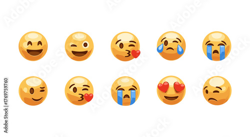 Collection of ten expressive yellow emoji faces on a black background, showcasing a range of emotions including happiness, winking, blowing a kiss, crying, and love, perfect for digital communication