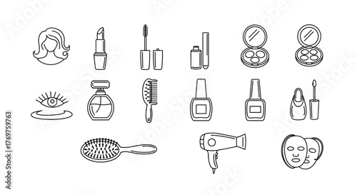 Collection of white line art icons representing beauty and cosmetic products, including lipstick, mascara, nail polish, perfume, hair dryer, hairbrush, makeup palettes, and face masks, set against a
