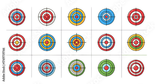 A vibrant collection of fifteen circular targets, each with concentric rings in various color combinations, set against a stark black background, symbolizing focus, precision, and aiming for goals in
