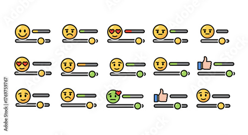 Set of colorful emoji rating scales and sliders with different facial expressions like happy, sad, in love, and thumbs up, representing user feedback, satisfaction levels, and sentiment analysis in a