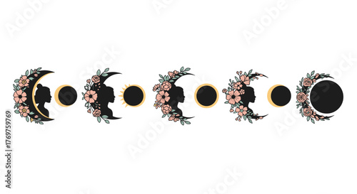 Celestial Phases of the Moon and Sun with Floral Accents and Female Silhouettes, Representing Femininity, Nature, and Cosmic Cycles, Ideal for Mystical and Spiritual Designs