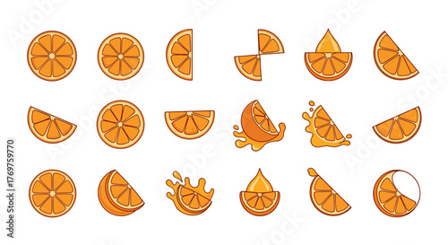 Vibrant collection of orange slices and segments, showcasing juicy citrus fruits in various forms including whole slices, halves, quarters, and splashes of juice, perfect for food and beverage