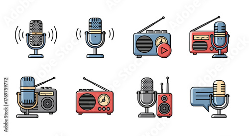 A collection of flat design icons representing vintage and modern microphones, radios, and audio equipment, symbolizing broadcasting, podcasting, music, and communication with a clean, modern