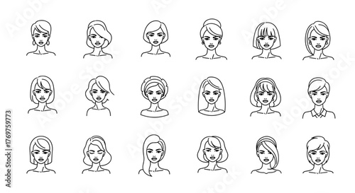 Collection of 18 stylized white line art female portraits on a black background, showcasing diverse hairstyles and facial features, ideal for beauty, fashion, and lifestyle graphics.
