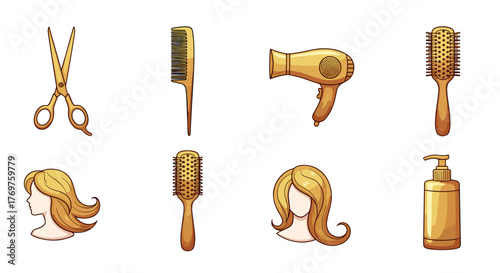 Golden Hairdressing Tools and Accessories Collection: Featuring Scissors, Combs, Hairdryer, Brushes, and Styling Products, Representing Hair Care and Salon Services with a Luxurious Aesthetic on a