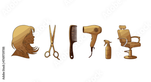 Golden silhouette of a woman's head with flowing hair, alongside essential hairdressing tools including scissors, a comb, a hairdryer, a spray bottle, and a barber chair, symbolizing beauty salon