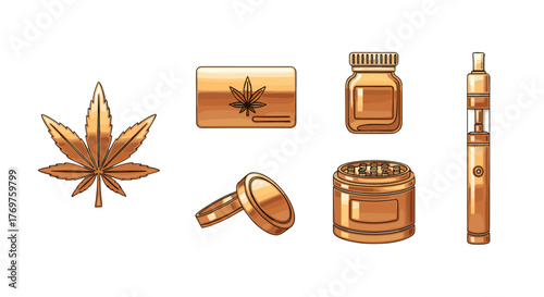Golden cannabis leaf, credit card with marijuana symbol, jar, grinder, and vape pen, representing the legal cannabis industry and accessories for consumption, isolated on a black background