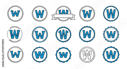 Collection of fifteen circular emblems and badges featuring the letter 'W' in blue, with various border styles including solid lines, dotted outlines, serrated edges, and a banner element, all on a