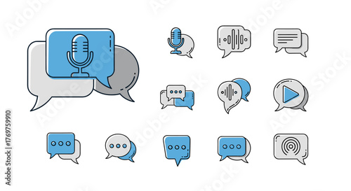 Set of modern flat design icons representing communication and digital interaction, including speech bubbles, microphones, audio waveforms, play buttons, and broadcasting signals, all rendered in a