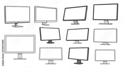 Collection of diverse computer monitors and displays in various styles and colors, presented in a clean, modern, and flat design vector illustration, perfect for technology and digital interface