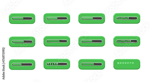 Set of twelve green loading bars and progress indicators with different fill levels, displayed on a black background, representing various stages of completion for digital processes, downloads, or