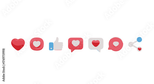A vibrant collection of social media icons, including a red heart, a pink heart within a circle, a white thumbs-up gesture, a pink speech bubble with a white heart, a white speech bubble with a red