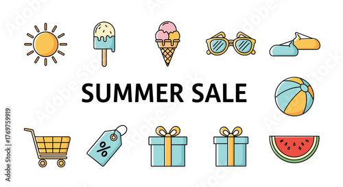Summer Sale Icons Collection: A vibrant and cheerful set of flat design icons perfect for promoting summer discounts and seasonal offers, featuring a sun, ice cream, sunglasses, beach ball, shopping