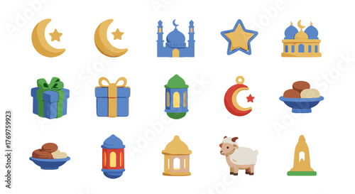 Collection of 3D Ramadan icons and symbols, including crescent moon and star, mosques, gift boxes, lanterns, dates, and a sheep, presented in a vibrant and festive color palette against a black