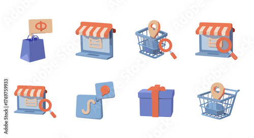 Collection of 3D E-commerce Icons: Shopping Bag with Dollar Sign, Online Storefronts on Laptops, Shopping Carts with Location Pins, Magnifying Glasses, Gift Box, and Chat Bubbles, representing online