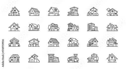 Collection of hand-drawn sketch icons representing various residential houses and buildings, showcasing different architectural styles and designs, perfect for real estate, construction, or home