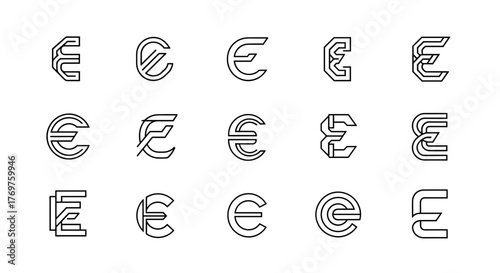 A striking collection of 15 unique, stylized euro currency symbols presented in a grid formation against a stark black background, showcasing a variety of modern and abstract interpretations of the