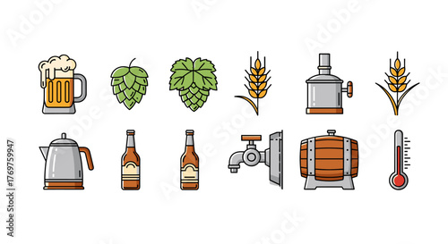 A collection of flat design icons representing the brewing process, including a frothy beer mug, hops, barley, a distiller, a kettle, beer bottles, a tap, a wooden barrel, and a thermometer, all set