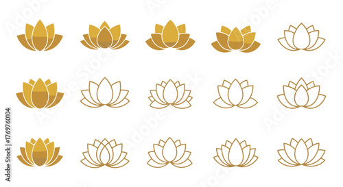 Collection of golden lotus flower icons and symbols on a black background, representing purity, enlightenment, and spiritual growth, ideal for yoga, meditation, and wellness branding.
